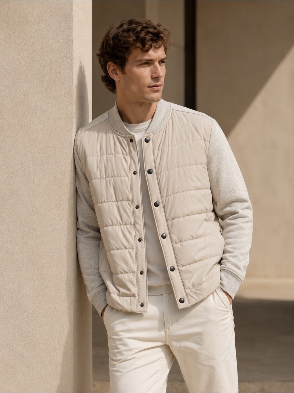 BANANA REPUBLIC Men’s Quilted Bomber Jacket S Latte Cream Snap Front Fleece Knit